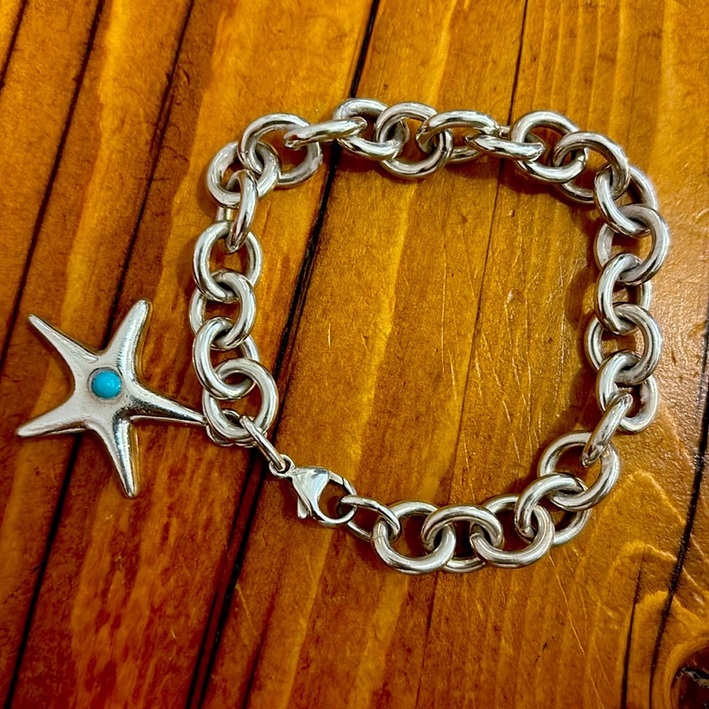 Sterling silver, aquamarine Tiffany Elsa Peretti starfish bracelet just polished